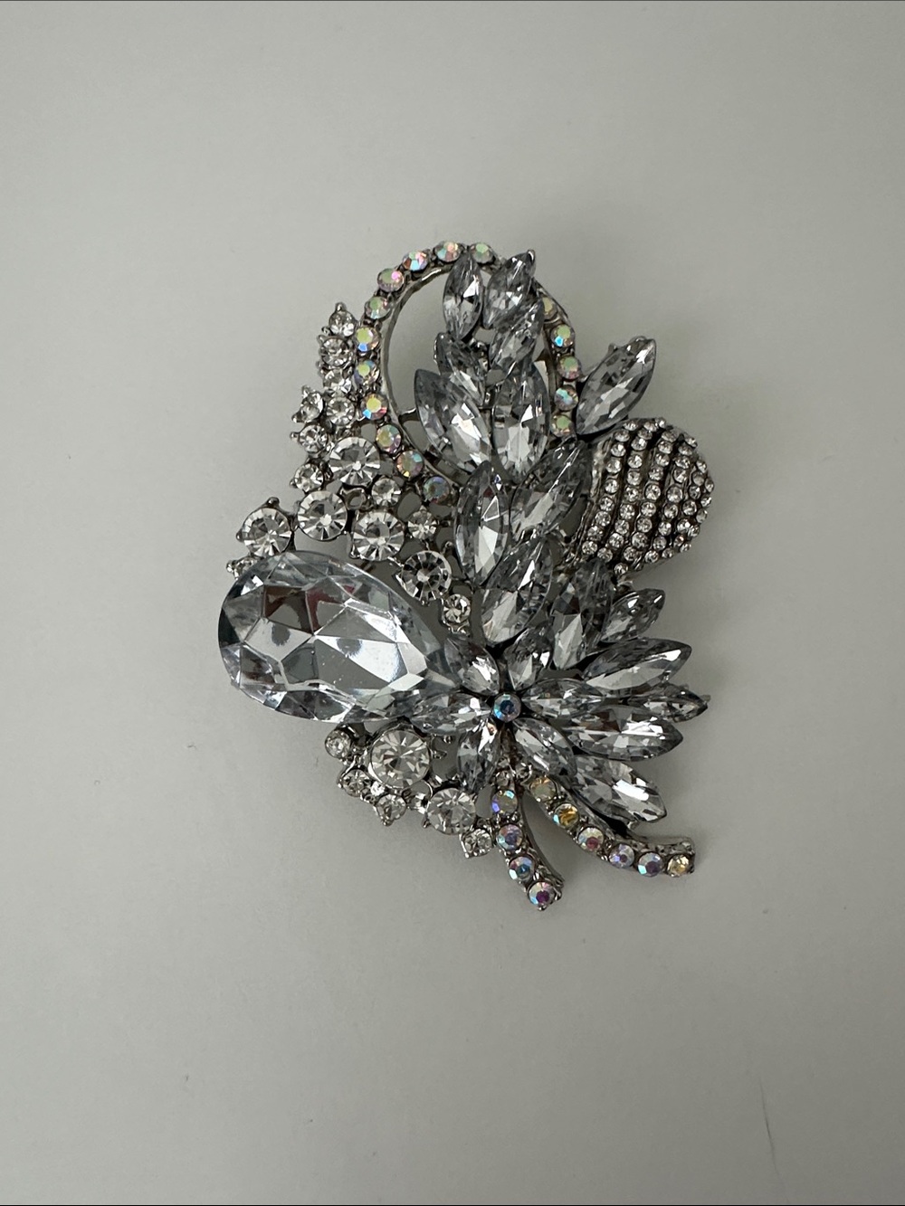 Crystal Floral Statement Brooch - Silver Tone